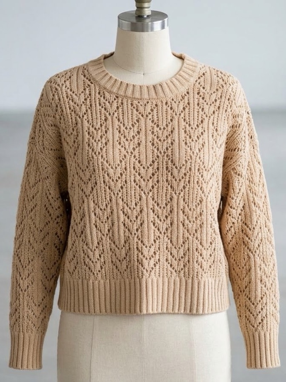 American Eagle Outfitters Beige Openwork Crewneck Sweater